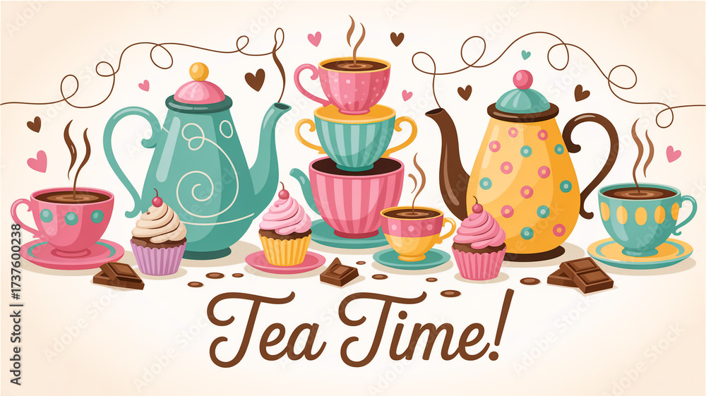 Naklejka premium A whimsical illustration of a tea party scene with multiple teapots and cups arranged horizontally across the imag