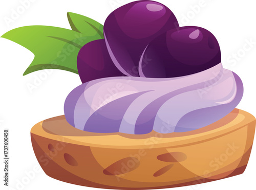 vector illustration of a blueberry cake, illustration of a blueberry cake slice with cream and mint leaves on top