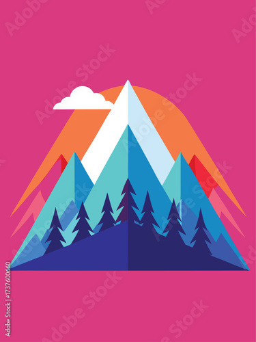 Vibrant mountain scene with colorful peaks, pine trees, and a serene sky, creating a captivating and inspiring landscape illustration