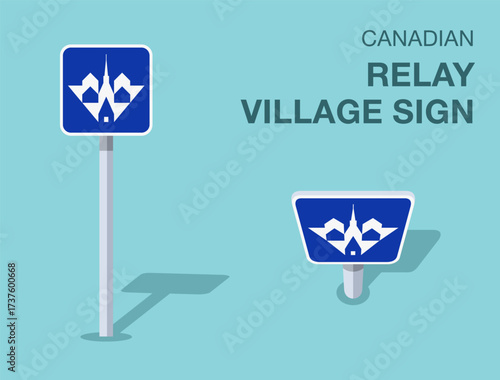 Traffic regulation rules. Isolated canadian "relay village" road sign. Front and top view. Flat vector illustration template.