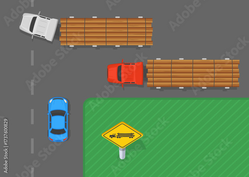 Traffic regulation rules and tips. Canadian "watch for logging trucks" sign area. Top view of a loaded truck entering the road in front of the upcoming sedan car. Flat vector illustration template