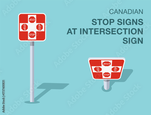 Traffic regulation rules. Isolated canadian "stop signs at intersection" road sign. Front and top view. Flat vector illustration template.