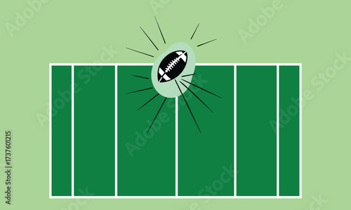 Rugby ball in motion above a green grass field with white lines for game play