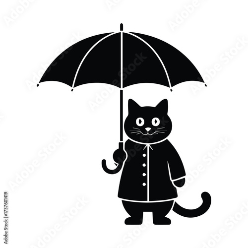 Whimsical silhouette cat holding an umbrella against the rain for creative projects silhouette