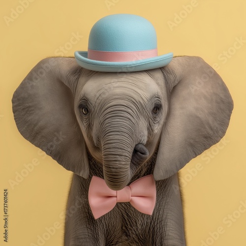 Cute Baby Elephant Wearing Blue Hat and Pink Bow Tie