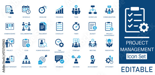 Project Management and Business Workflow solid icon set. Contains symbols for Task, Schedule, Kanban Board, and Collaboration. Flat vector design for agile workflow and strategic planning.