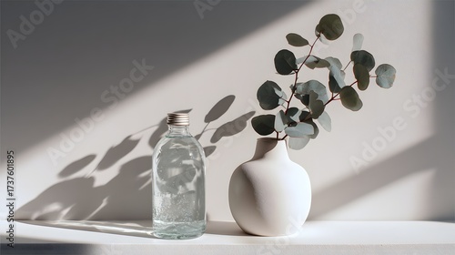 Elegant composition featuring a clear glass bottle with a silver cap and a simple white vase adorned with fresh green eucalyptus leaves, bathed in the soft, natural light and shadows of a sunny day,.