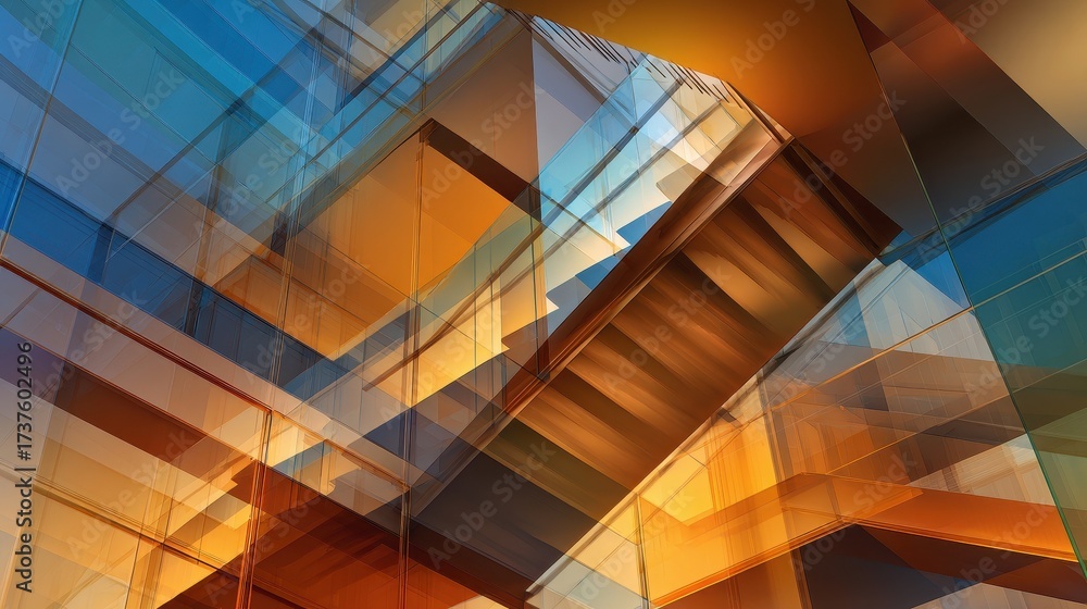 Fototapeta premium Abstract View of Modern Glass Architecture with Blue and Orange Overlaps.
