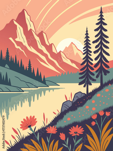 A picturesque mountain lake landscape illustration featuring evergreen trees, wildflowers, and a tranquil lake reflecting the sky
