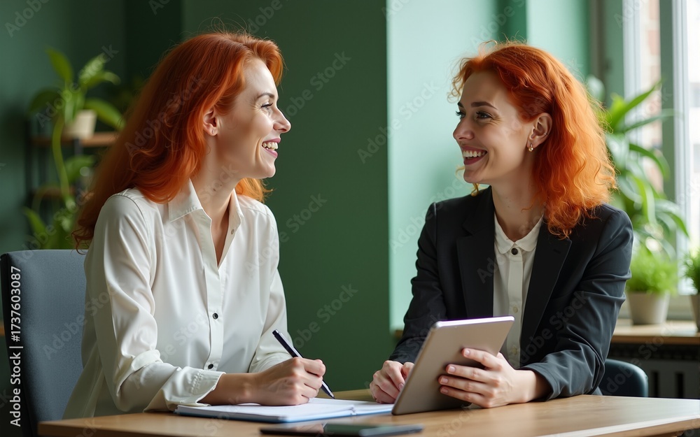 Fototapeta premium Happy young red-haired business woman taking notes while talking to female colleague or lady executive using tablet. Two happy busy businesswomen having conversation in green cozy office.