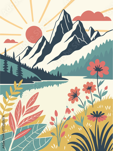 A serene mountain landscape featuring a tranquil lake, vibrant flowers, and a radiant sun in a charming, stylized illustration