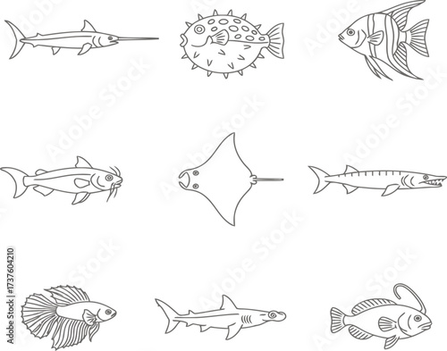 Diverse Saltwater and Freshwater Fish Line Art Icon Set
