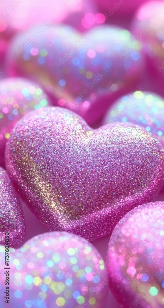 Obraz premium Sparkling pink heart candies fill the frame, romantic