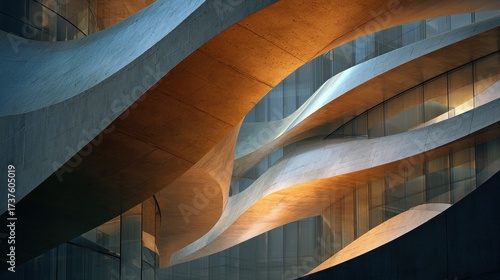 Abstract view of modern architecture with undulating concrete and glass.