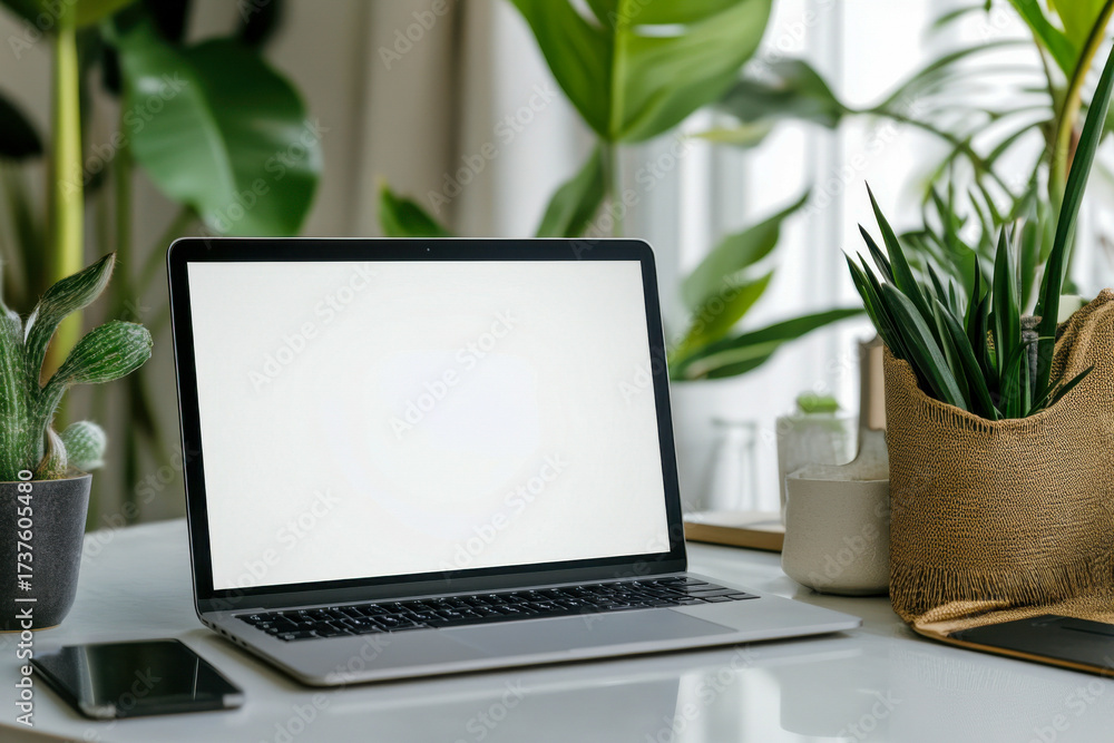 Fototapeta premium A sleek laptop sits on a desk surrounded by lush plants, offering a refreshing and inviting space for focused work