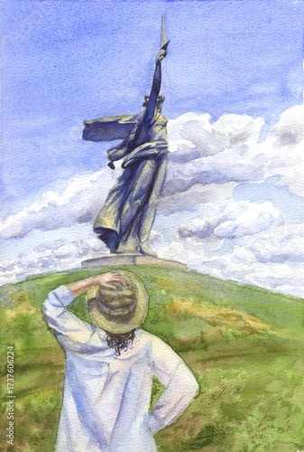 Watercolor drawing young woman before the statue Motherland in Volgograd