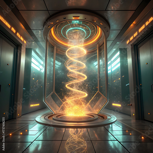 Futuristic teleportation gateway with glowing energy beam in high tech sci fi room illustration