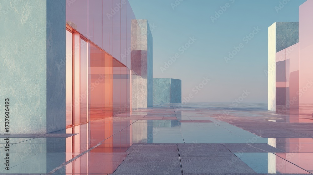 Fototapeta premium Futuristic Architectural Space with Reflective Surfaces and Ethereal Light