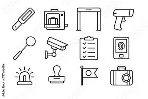 Digital device inspection vector passport stamp border icon scanner arch suitcase control