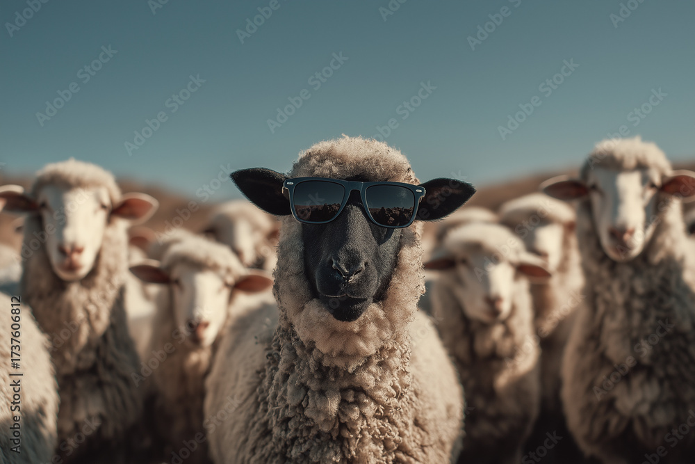 Obraz premium Black sheep with sunglasses among flock of white sheep
