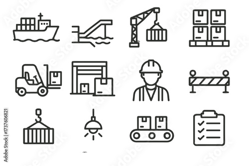 Vector conveyor ship icons icon barriers pallets light forklift cargo shipping dock
