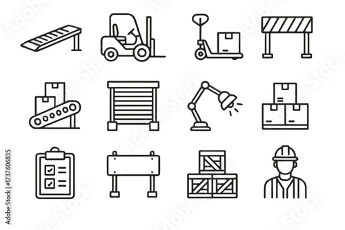 Barrier set icon crates cargo door boxes warehouse dock belt worker vector