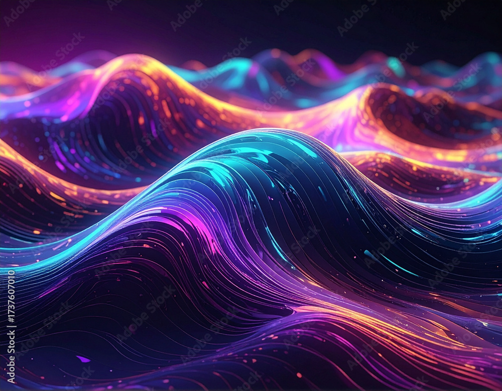 Obraz premium Trendy Abstract holographic gradient waves, vibrant neon colors digital artwork 