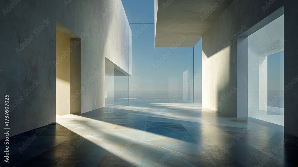 Fototapeta premium Bright Modern Interior with Panoramic View Through Minimalist Architecture