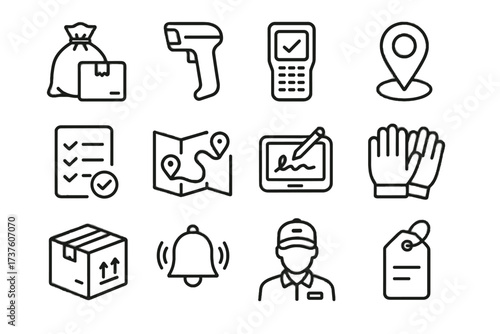 Gps courier device parcel icons bell tools pad vector gloves icon scanner