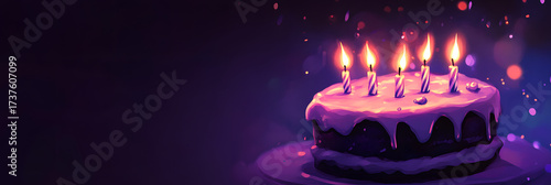 Birthday Cake with Lit Candles - Festive Celebration wide banner - purple background