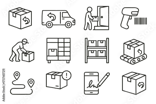 Shelf package parcel box barcode icon alert scanner vector icons picking pad