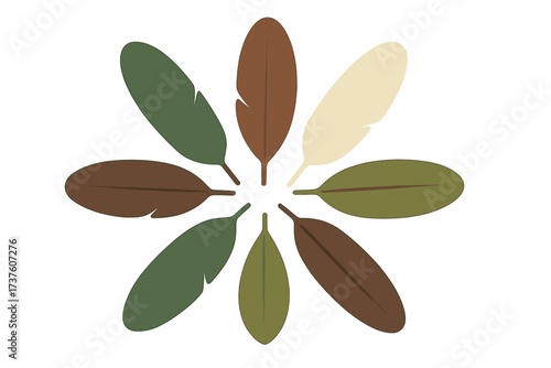 Stylized circular arrangement of colorful feathers
