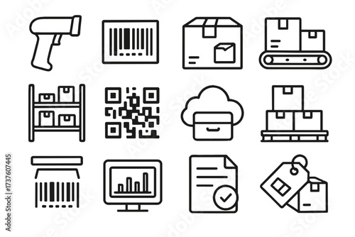 Pallet tag code vector scanning icon conveyor shelf scanner icons inventory package