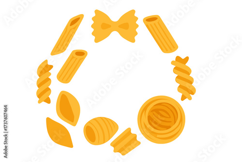 Various pasta shapes in a circular arrangement
