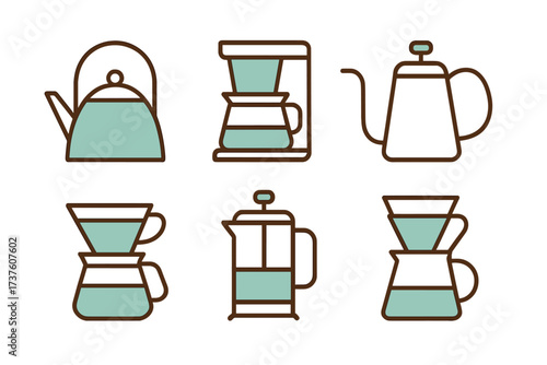 Minimalist coffee brewing equipment icons