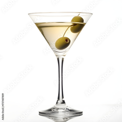 Classic Martini Cocktail with Olive in Elegant Glass on White Background
