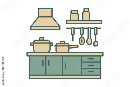 Minimalist kitchen illustration with pots and utensils