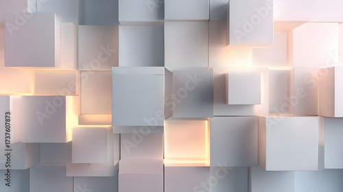 Fototapeta Naklejka Na Ścianę i Meble -  Abstract composition presents a collection of illuminated three-dimensional white cubes in various sizes, creating depth and interest against a softly lit backdrop.