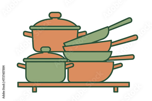 Colorful stack of cooking pots and pans
