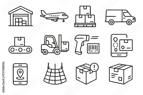 Route icon warehouse van air delivery package tracking cargo vector icons stack