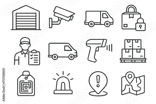 Shipment scanner van parcel vector monitoring system icon map locked courier icons