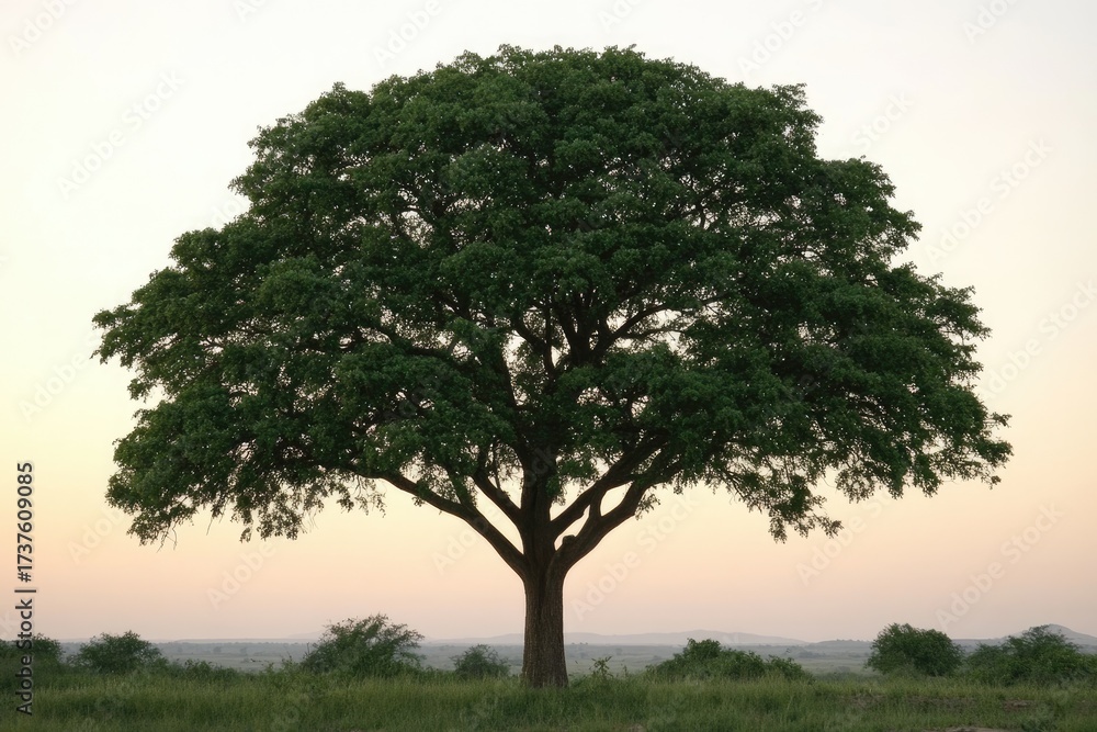 Fototapeta premium Solitary, leafy tree stands against a hazy, serene sky