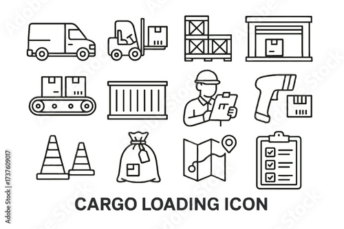 Van container cargo icon route loading inspection icons pallet clipboard crates vector
