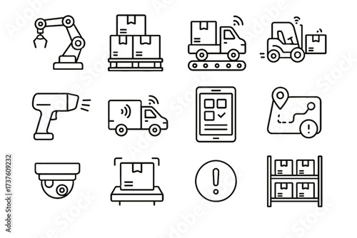 Vector conveyor scanner delivery automated notification icons icon camera warehouse alert package