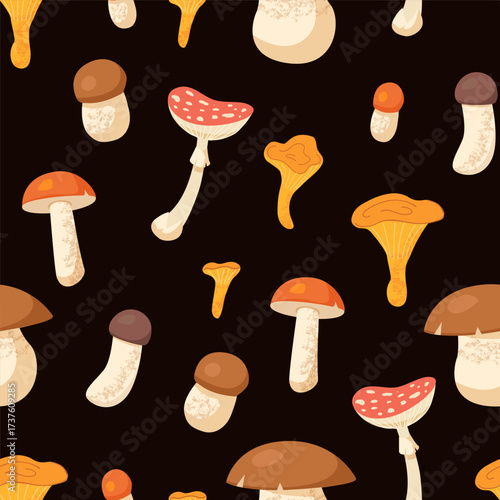Seamless pattern with various colorful forest mushrooms on dark background including chanterelle boletus and fly agaric in flat cartoon style