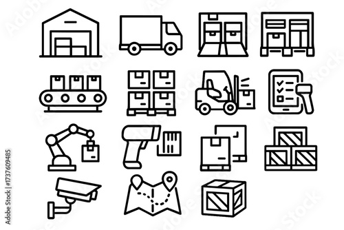 Icons docks center map pallets distribution vector loading icon barcode package robotic