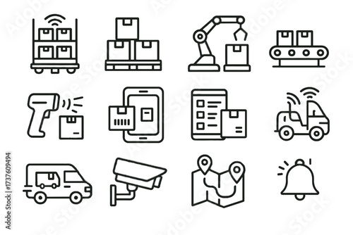 Route vector conveyor icon package forklift pallet map delivery smart sensors warehouse