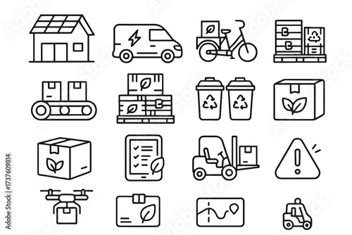 Bins delivery icons forklift tablet leaf inventory icon sustainable distribution pallets vector