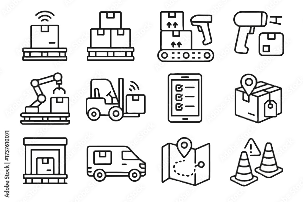 Fototapeta premium Icons delivery sensor cones route icon inventory conveyor package digital vector warehouse
