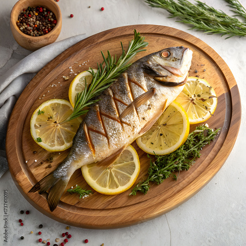 seafood dish with grilled fish lemon slices and